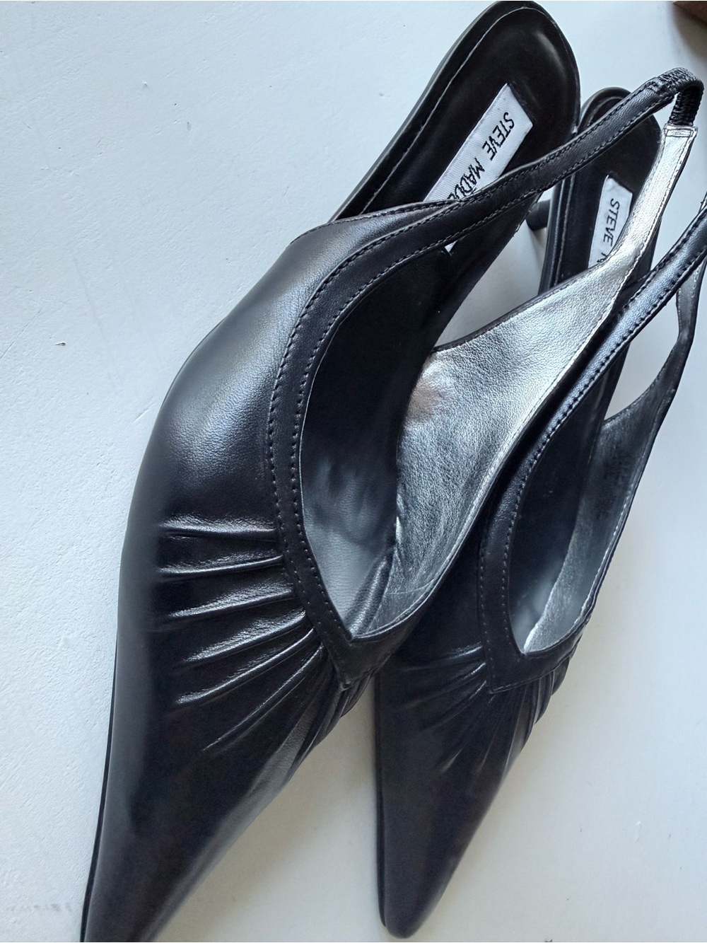 Steve Madden Black Pointed-Toe Ruched Slingback Heels